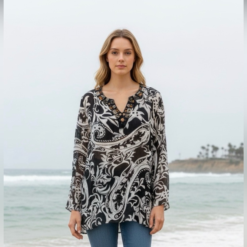 Chicos silk white black paisley Embroidered cover up/ blouse L (2) EUC